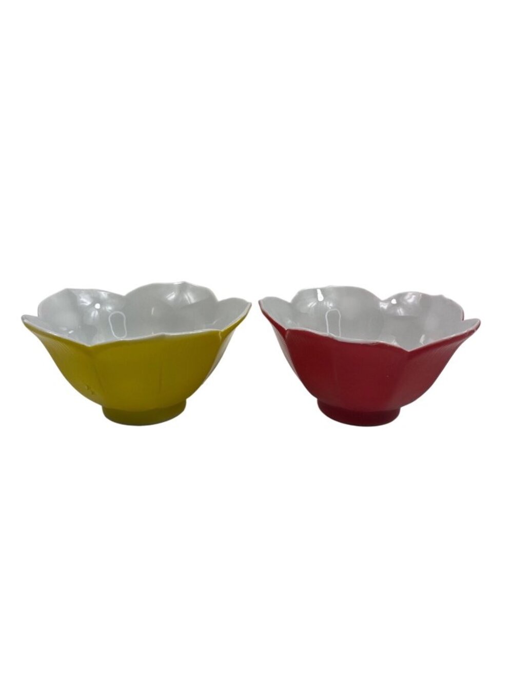 Set of 2 Lotus Porcelain Bowls Yellow & Red Flower Petal Dish Vintage Japan